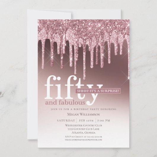 ピンクグリッターサプライズ50と素晴らしい誕生日 招待状 (正面)