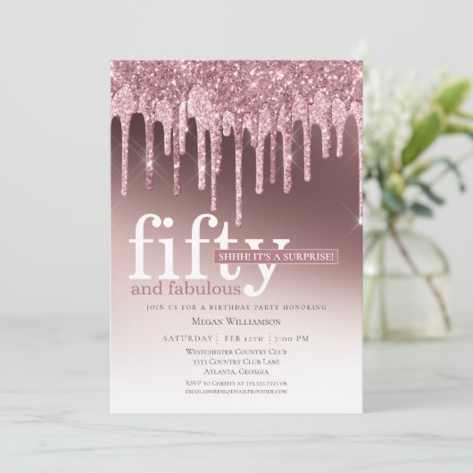ピンクグリッターサプライズ50と素晴らしい誕生日 招待状 (スタンド正面)