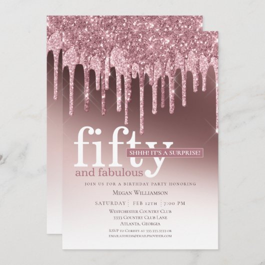 ピンクグリッターサプライズ50と素晴らしい誕生日 招待状 (正面/裏面)