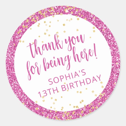 ピンクグリッターサンキューユー誕生日のお願い ラウンドシール (正面)