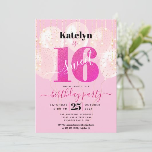 ピンクグリッタースイーツ16誕生日シックガーリーバルーン 招待状 (スタンド正面)