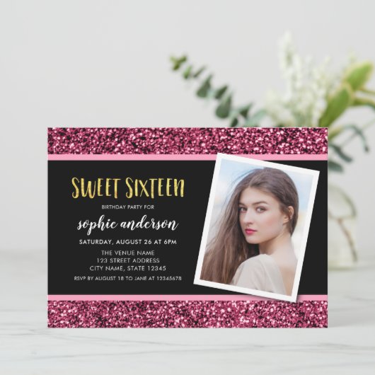 ピンクグリッタースイート16フォト誕生日招待状 招待状 (スタンド正面)