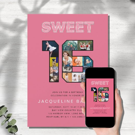 ピンクグリッタースイート16誕生日写真 招待状