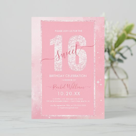 ピンクグリッタースイート16誕生日招待状for Girl 箔招待状 (立ち正面)