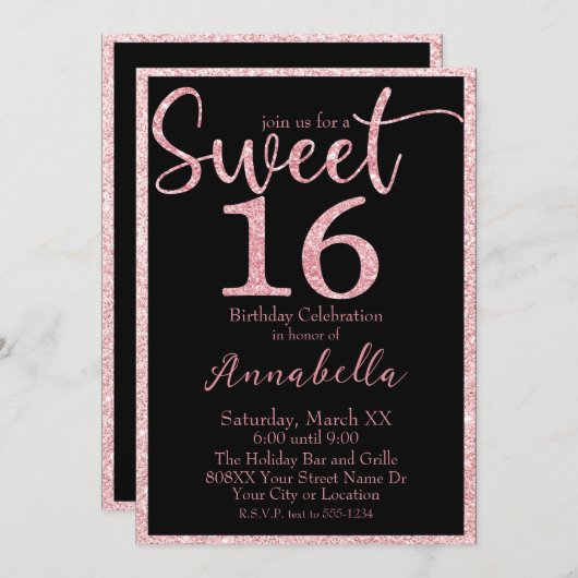ピンクグリッタースウィート16オンブラック誕生日 招待状 (正面/裏面)