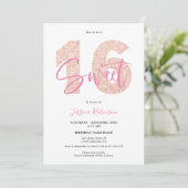 ピンクグリッタースウィート16ガーリー脚写真の誕生日 招待状 (スタンド正面)