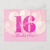 ピンクグリッタースウィート16誕生日バルーンサンキュー ポストカード (正面)