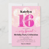 ピンクグリッタースウィート16誕生日バルーンモダン 招待状 (正面)