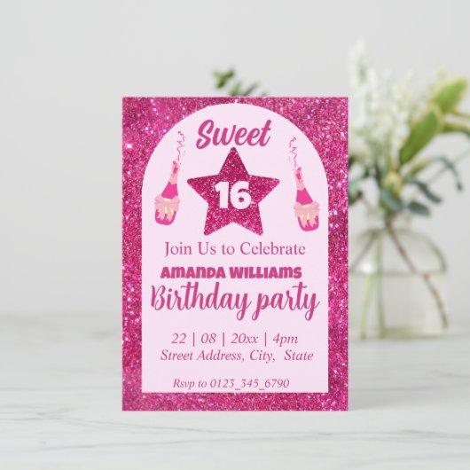 ピンクグリッタースウィート16誕生日招待状 招待状 (スタンド正面)