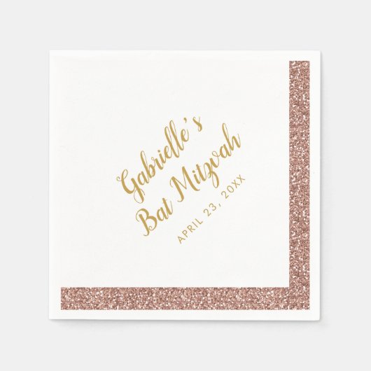 ピンクグリッターストライプガーリーバラ金ゴールドバルミツワー スタンダードカクテルナプキン (正面)