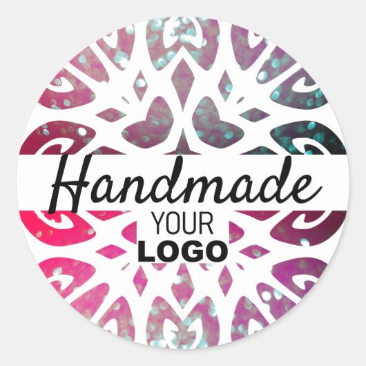 ピンクグリッタースノーフレークオーナメント手作りロゴ ラウンドシール (正面)