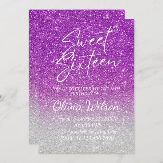 ピンクグリッタースパークグラデーションルズスウィート16 招待状 (正面/裏面)