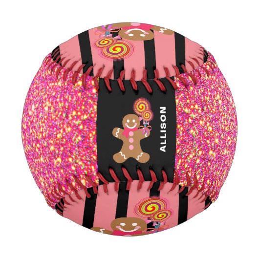 ピンクグリッタースパークルジンジャーブレッドガールパーソナライズされた 野球ボール (正面)
