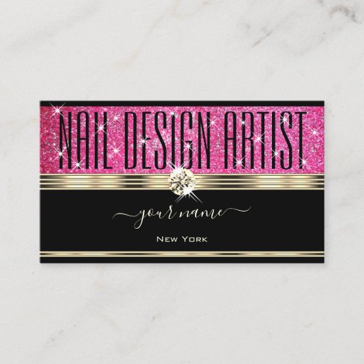 ピンクグリッタースパークルスターズダイヤモンド金ゴールドとブラック 名刺 (正面)