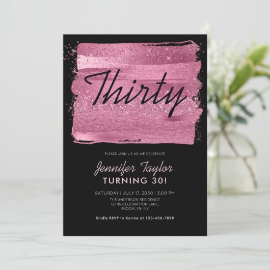 ピンクグリッタースパークルーブラシ黒30歳の誕生日 招待状 (スタンド正面)