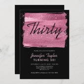 ピンクグリッタースパークルーブラシ黒30歳の誕生日 招待状 (正面/裏面)