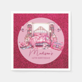 ピンクグリッタースリーポバーガール誕生日 スタンダードカクテルナプキン