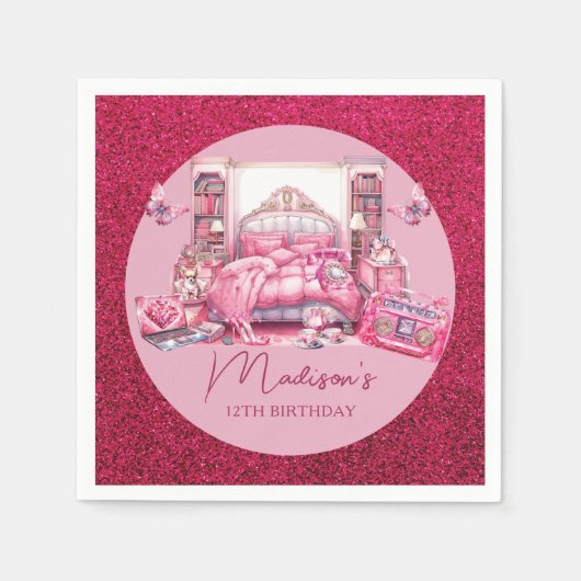 ピンクグリッタースリーポバーガール誕生日 スタンダードカクテルナプキン (正面)