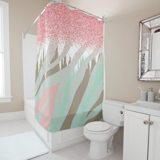 ピンクグリッターゼブラストライプ抽象芸術パターン シャワーカーテン (インサイチュ)
