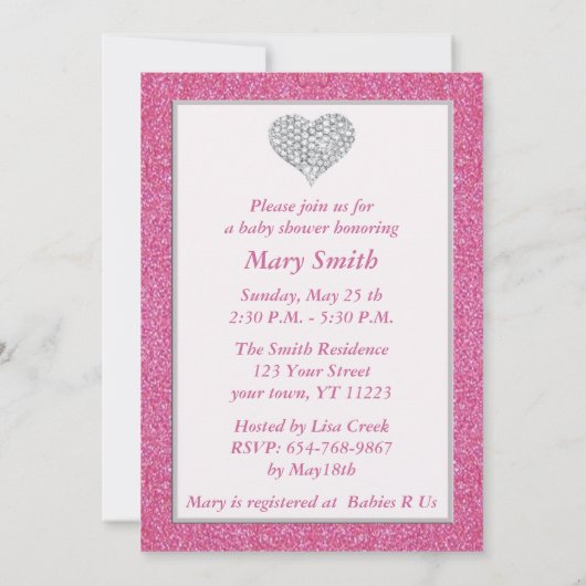 ピンクグリッターダイヤモンドハートベビーシャワー招待状 招待状 (裏面)
