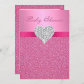 ピンクグリッターダイヤモンドハートベビーシャワー招待状 招待状 (正面/裏面)