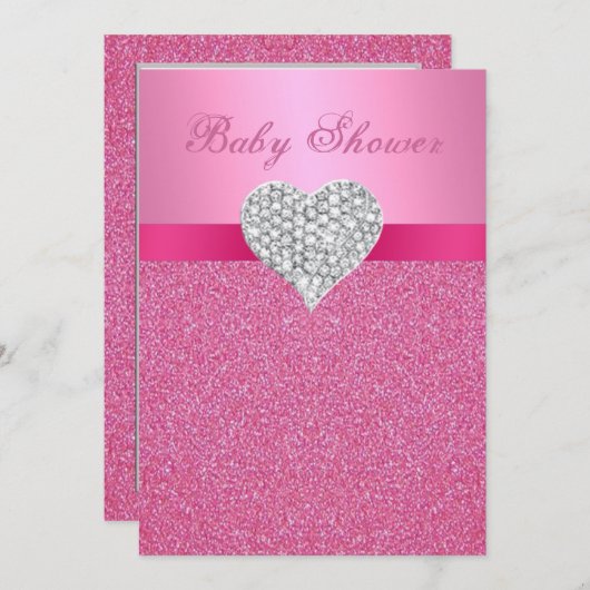 ピンクグリッターダイヤモンドハートベビーシャワー招待状 招待状 (正面/裏面)