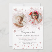 ピンクグリッターダブル誕生日キッズフォト 招待状 (正面)