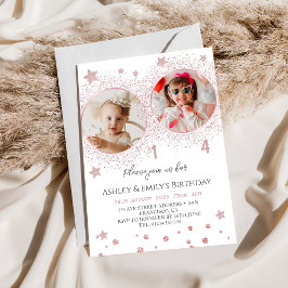ピンクグリッターダブル誕生日キッズフォト 招待状