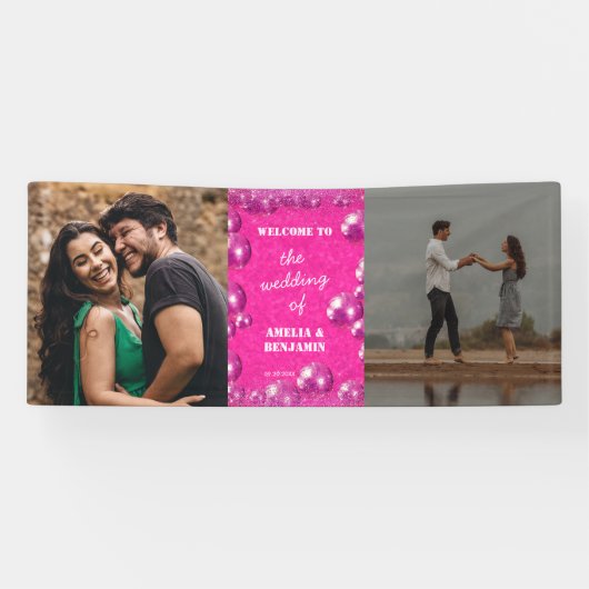 ピンクグリッターディスコボール2写真結婚の歓迎 横断幕 (横)