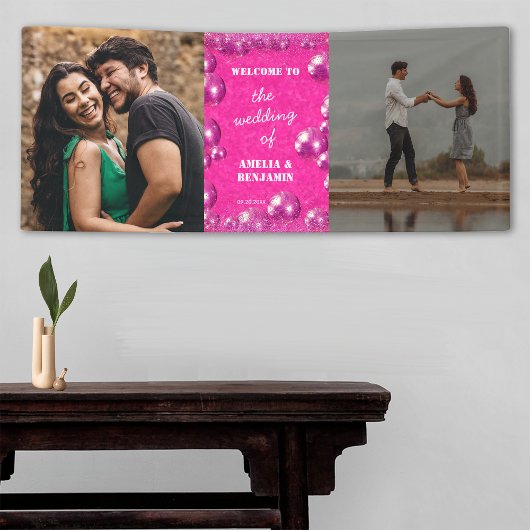 ピンクグリッターディスコボール2写真結婚の歓迎 横断幕