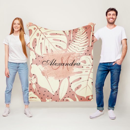 ピンクグリッタートロピカル葉 フリースブランケット (インサイチュ)