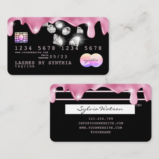ピンクグリッタードリップクレジットカードのホログラムダイヤモンド 名刺 (正面/裏面)