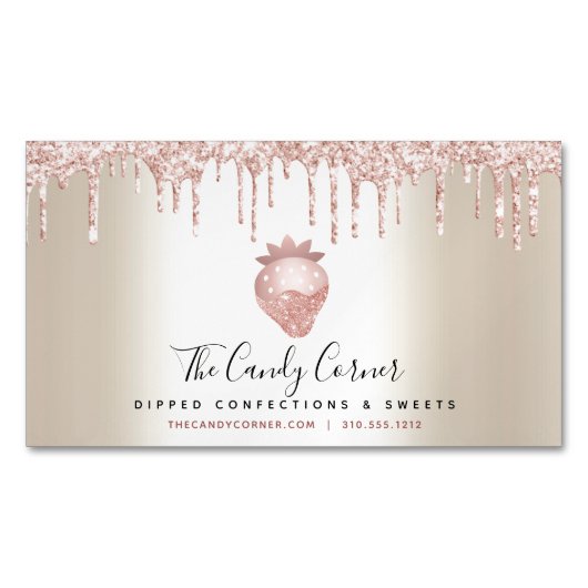 ピンクグリッタードリップストロベリーコンフェクションスイーツ金ゴールド マグネット名刺 (正面)