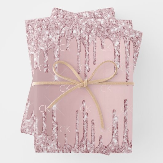 ピンクグリッタードリップスパークルモノグラムほこりっぽいバラ ラッピングペーパーシート (インサイチュ)