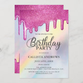 ピンクグリッタードリップスレインボーホログラフィック誕生日 招待状 (正面/裏面)
