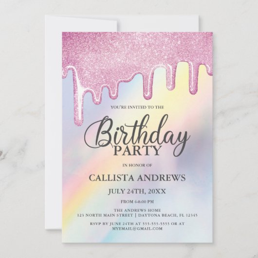 ピンクグリッタードリップスレインボーホログラフィック誕生日 招待状 (正面)