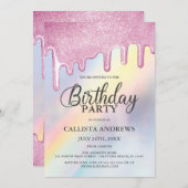ピンクグリッタードリップスレインボーホログラフィック誕生日 招待状 (正面/裏面)