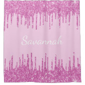 ピンクグリッタードリップモノグラム名スクリプト シャワーカーテン (正面)
