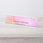 ピンクグリッタードリップモノグラム美しい デスクネームプレート (正面)