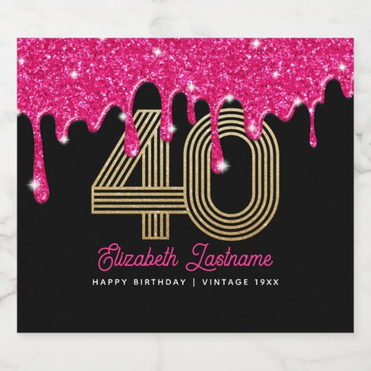 ピンクグリッタードリップ40歳きらめく誕生日ワインラボ スパークリングワインラベル (シングルラベル)