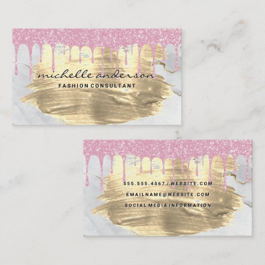 ピンクグリッタードリップ | 金ゴールドブラシ | 大理石 名刺 (正面/裏面)
