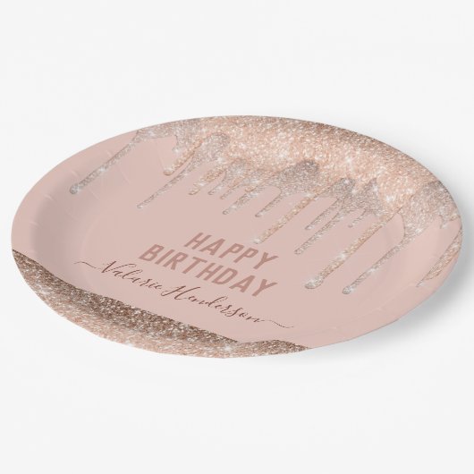 ピンクグリッタードリプスハッピーバースデーナプキンス ペーパープレート (アングル)
