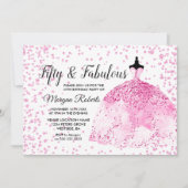 ピンクグリッタードレスフィフティ&ファブラス50誕生日 招待状 (正面)