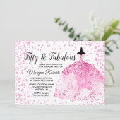 ピンクグリッタードレスフィフティ&ファブラス50誕生日 招待状 (スタンド正面)