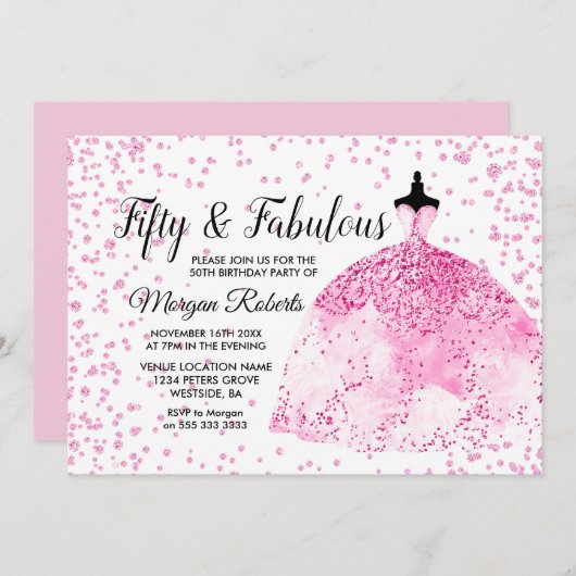 ピンクグリッタードレスフィフティ&ファブラス50誕生日 招待状 (正面/裏面)
