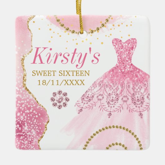 ピンクグリッタードレス&グラムエッジ&ダイヤモンドスイート16 セラミックオーナメント (正面)