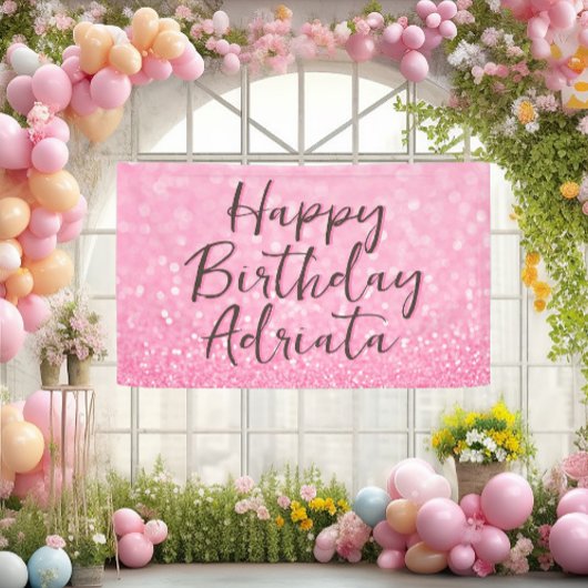 ピンクグリッターハッピーバースデーパーソナライズされたカスタム 横断幕