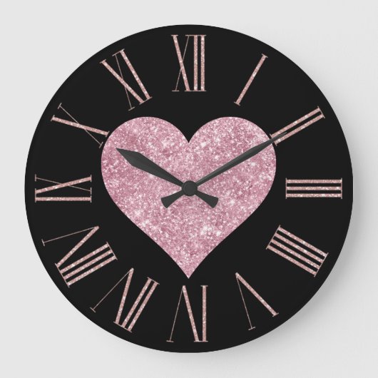 ピンクグリッターハートオンブラック ラージ壁時計 (正面)