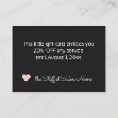 ピンクグリッターハートサロンギフトカード 名刺 (裏面)