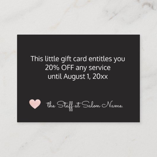 ピンクグリッターハートサロンギフトカード 名刺 (裏面)